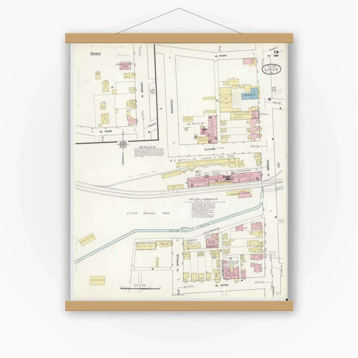Old map wall art mockup — magnetic wood frame on white wall — Sanborn Fire Insurance Map from Lititz, Lancaster County, Pennsylvania (1912), Sheet #0002