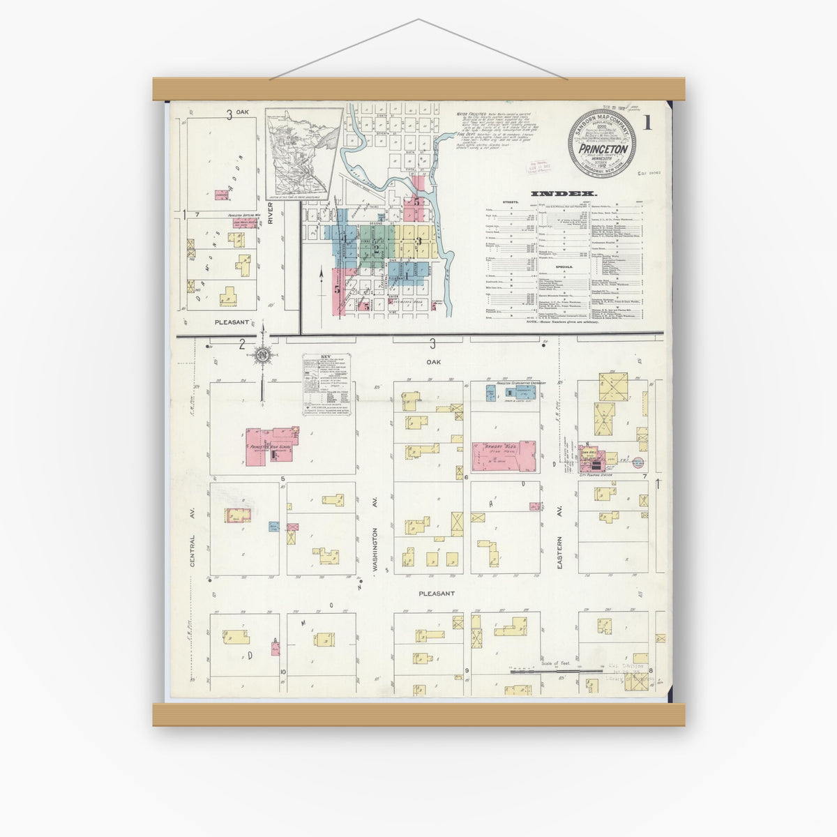 Old map wall art mockup — magnetic wood frame on white wall — Sanborn Fire Insurance Map from Princeton, Mille Lacs County, Minnesota (1912), Sheet #0001