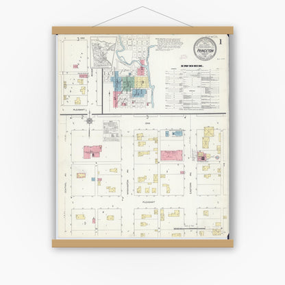 Old map wall art mockup — magnetic wood frame on white wall — Sanborn Fire Insurance Map from Princeton, Mille Lacs County, Minnesota (1912), Sheet #0001