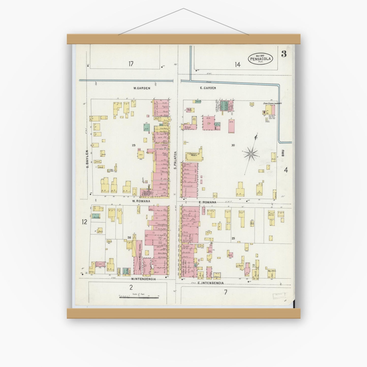 Old map wall art mockup — magnetic wood frame on white wall — Sanborn Fire Insurance Map from Pensacola, Escambia County, Florida (1897), Sheet #0003