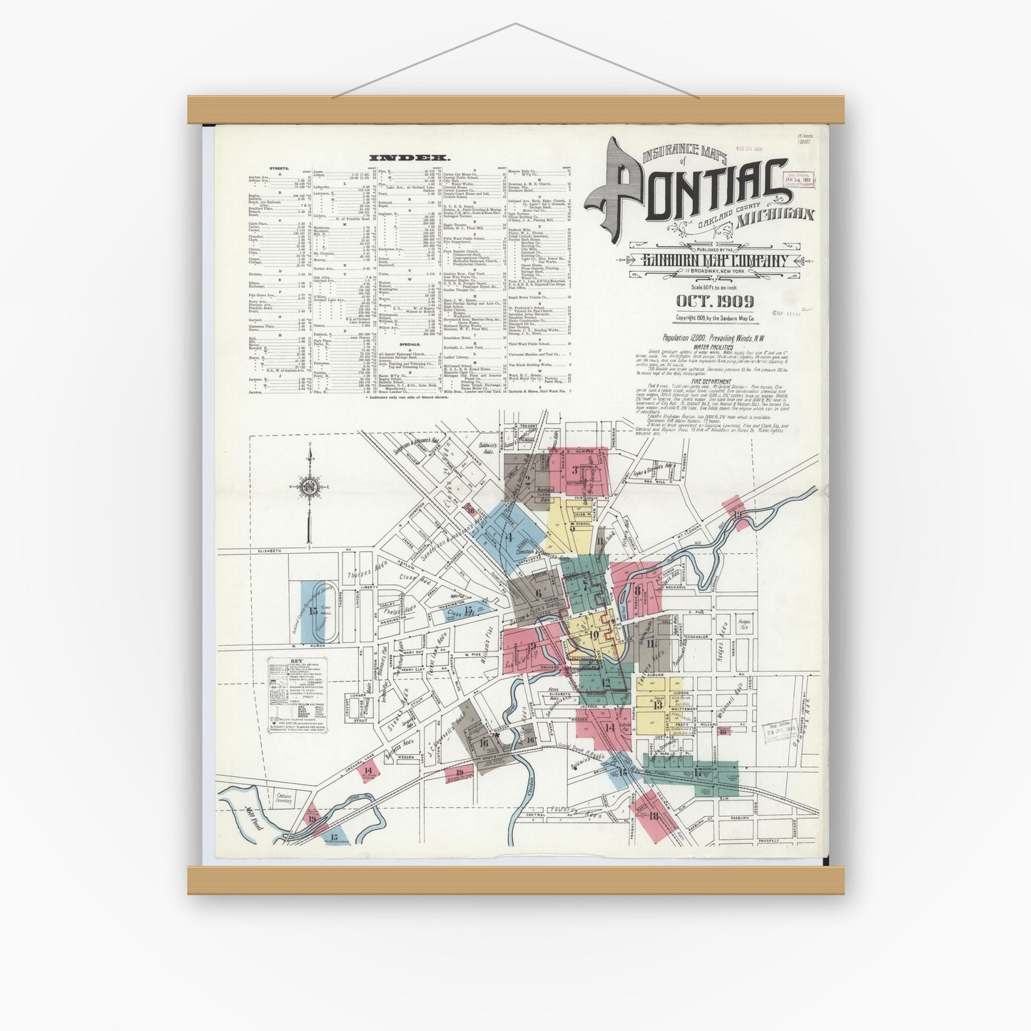 Old map wall art mockup — magnetic wood frame on white wall — Sanborn Fire Insurance Map from Pontiac, Oakland County, Michigan (1909) - Complete Map Set