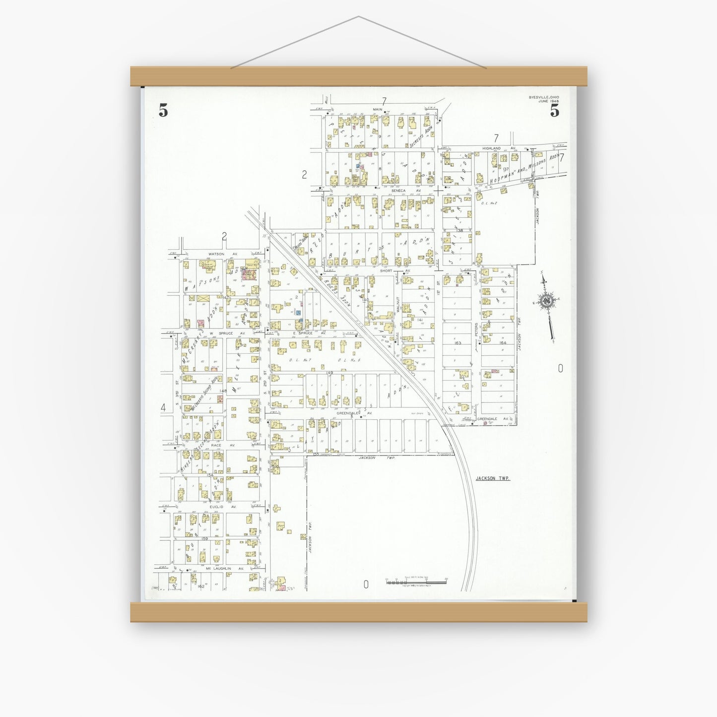 Old map wall art mockup — magnetic wood frame on white wall — Sanborn Fire Insurance Map from Byesville, Guernsey County, Ohio (1948), Sheet #0005