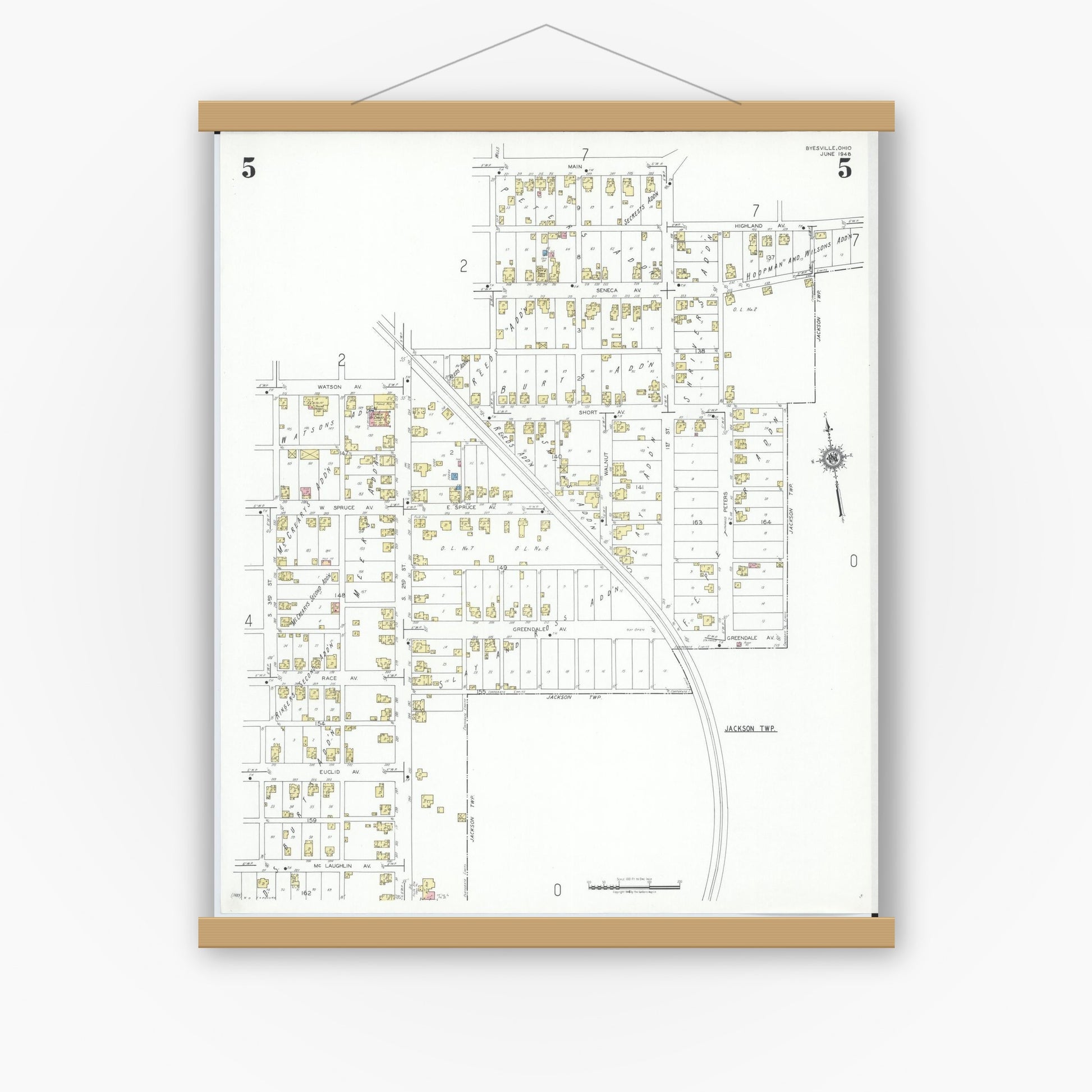 Old map wall art mockup — magnetic wood frame on white wall — Sanborn Fire Insurance Map from Byesville, Guernsey County, Ohio (1948), Sheet #0005
