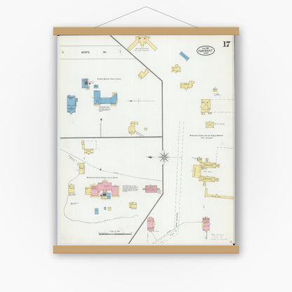 Old map wall art mockup — magnetic wood frame on white wall — Sanborn Fire Insurance Map from Faribault, Rice County, Minnesota (1905), Sheet #0017
