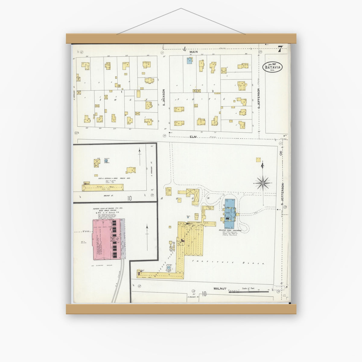 Old map wall art mockup — magnetic wood frame on white wall — Sanborn Fire Insurance Map from Batavia, Kane County, Illinois (1907), Sheet #0007