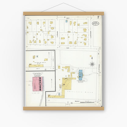 Old map wall art mockup — magnetic wood frame on white wall — Sanborn Fire Insurance Map from Batavia, Kane County, Illinois (1907), Sheet #0007