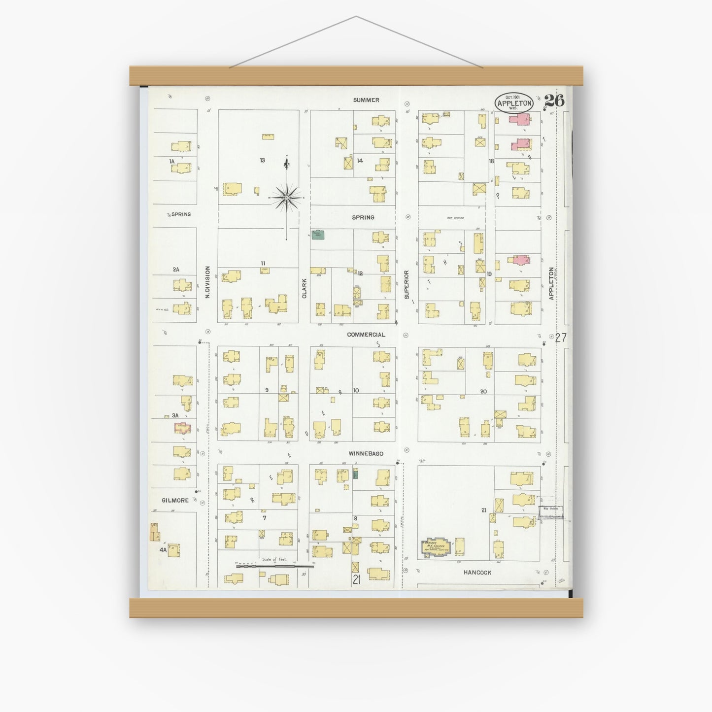 Old map wall art mockup — magnetic wood frame on white wall — Sanborn Fire Insurance Map from Appleton, Outagamie County, Wisconsin (1901), Sheet #0026