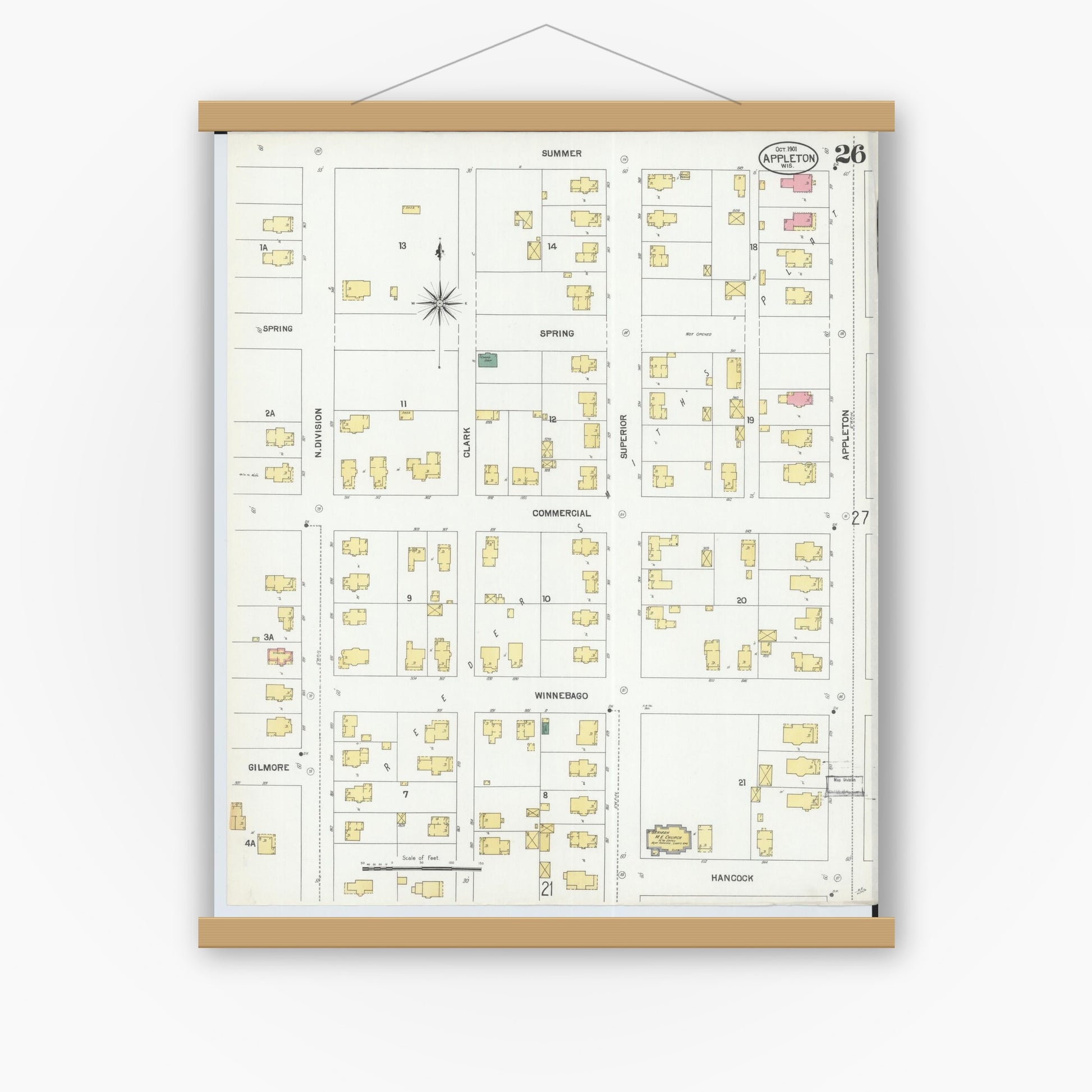 Old map wall art mockup — magnetic wood frame on white wall — Sanborn Fire Insurance Map from Appleton, Outagamie County, Wisconsin (1901), Sheet #0026