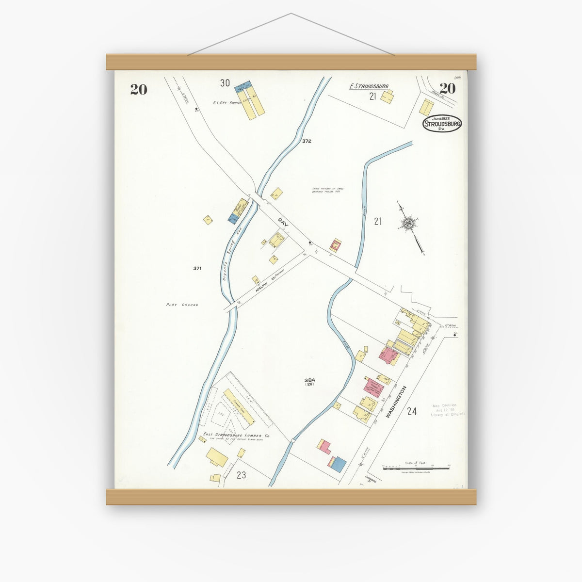 Old map wall art mockup — magnetic wood frame on white wall — Sanborn Fire Insurance Map from Stroudsburg, Monroe County, Pennsylvania (1923), Sheet #0020