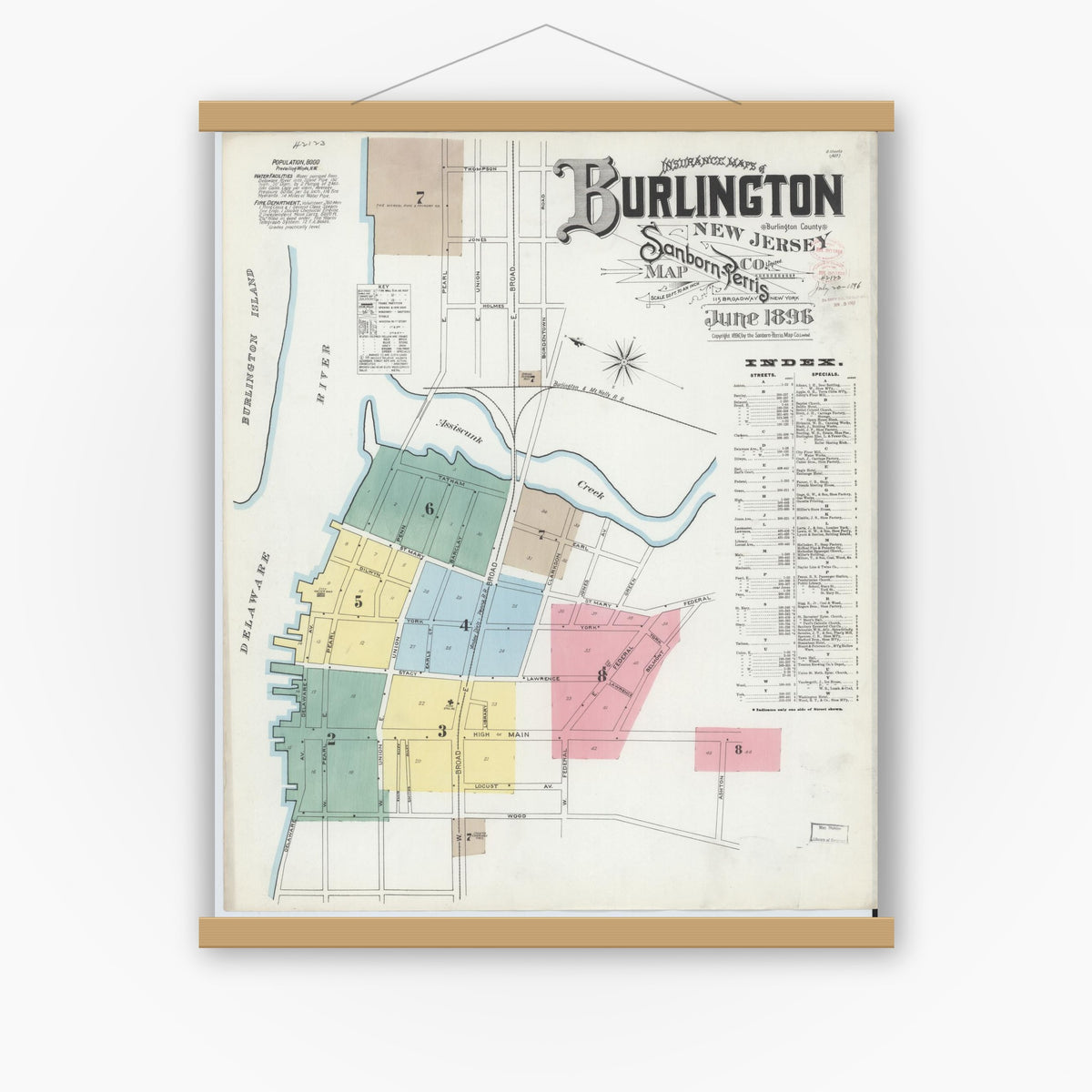 Old map wall art mockup — magnetic wood frame on white wall — Sanborn Fire Insurance Map from Burlington, Burlington County, New Jersey (1896) - Complete Map Set