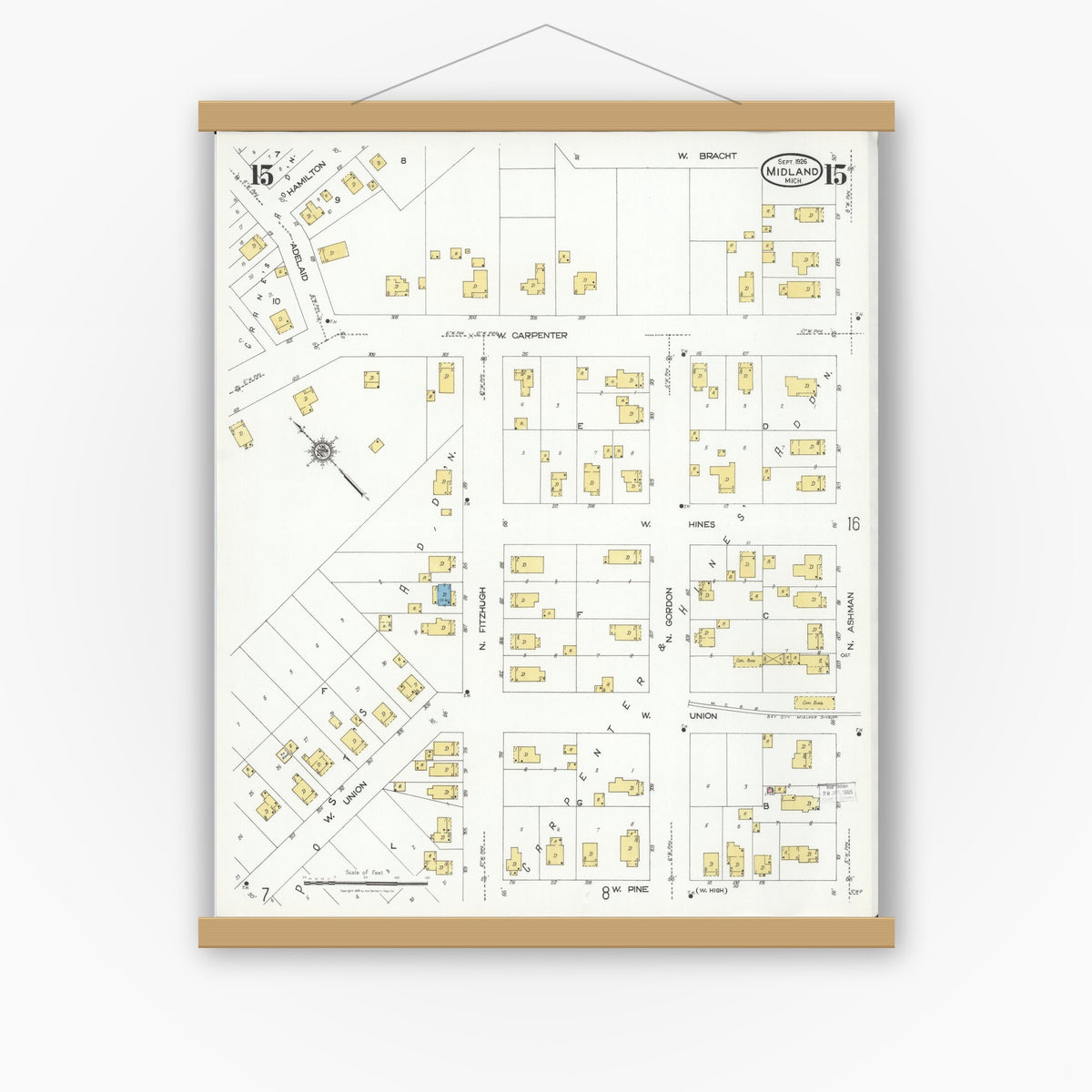 Old map wall art mockup — magnetic wood frame on white wall — Sanborn Fire Insurance Map from Midland, Midland County, Michigan (1926), Sheet #0015