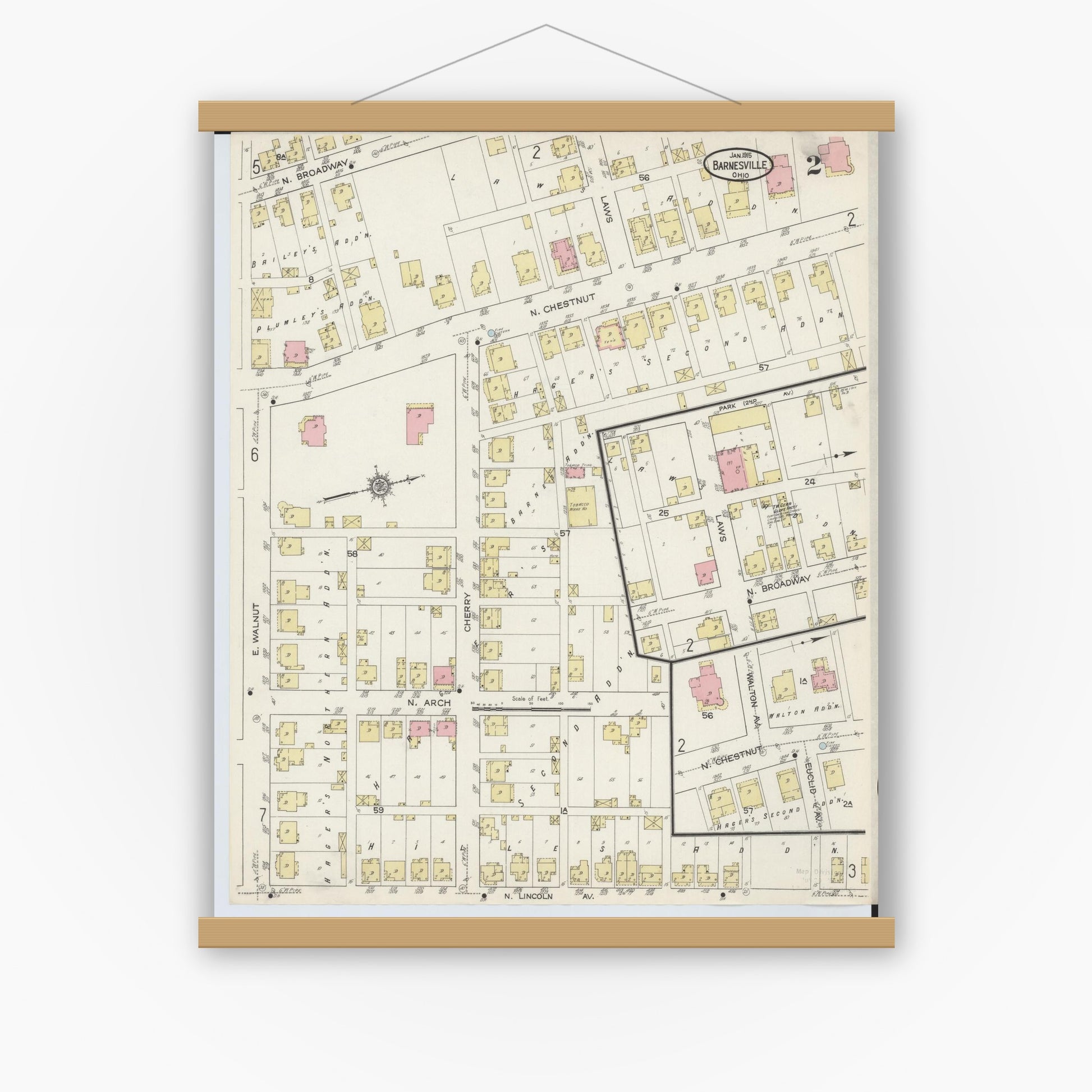 Old map wall art mockup — magnetic wood frame on white wall — Sanborn Fire Insurance Map from Barnesville, Belmont County, Ohio (1915), Sheet #0002