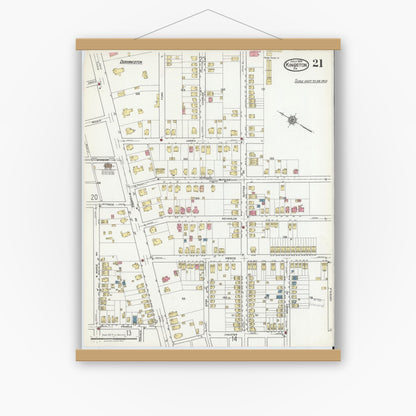 Old map wall art mockup — magnetic wood frame on white wall — Sanborn Fire Insurance Map from Kingston, Luzerne County, Pennsylvania (1919), Sheet #0021
