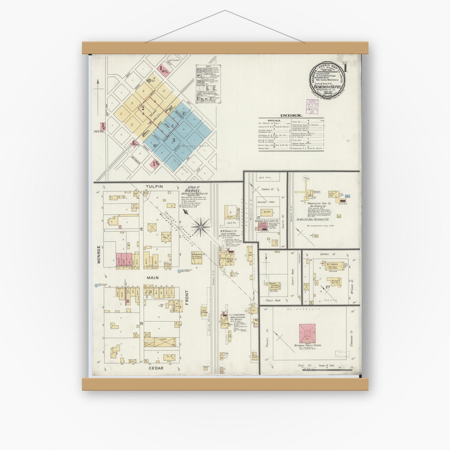 Old map wall art mockup — magnetic wood frame on white wall — Sanborn Fire Insurance Map from Raymond, Montgomery County, Illinois (1901) - Complete Map Set