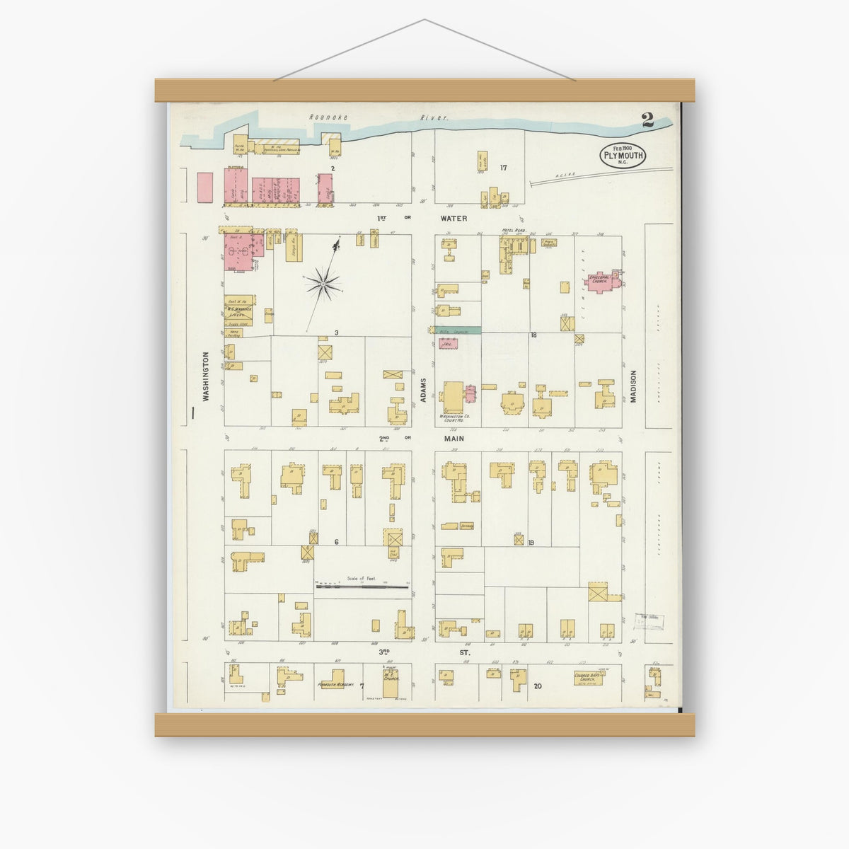 Old map wall art mockup — magnetic wood frame on white wall — Sanborn Fire Insurance Map from Plymouth, Washington County, North Carolina (1900), Sheet #0002