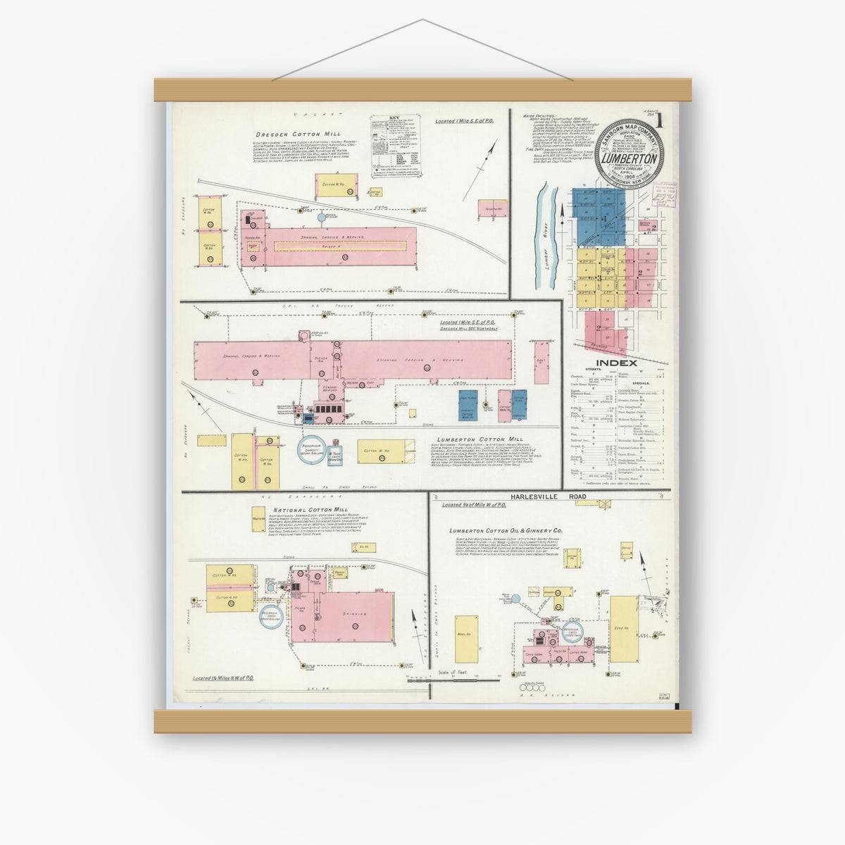 Old map wall art mockup — magnetic wood frame on white wall — Sanborn Fire Insurance Map from Lumberton, Robeson County, North Carolina (1908), Sheet #0001