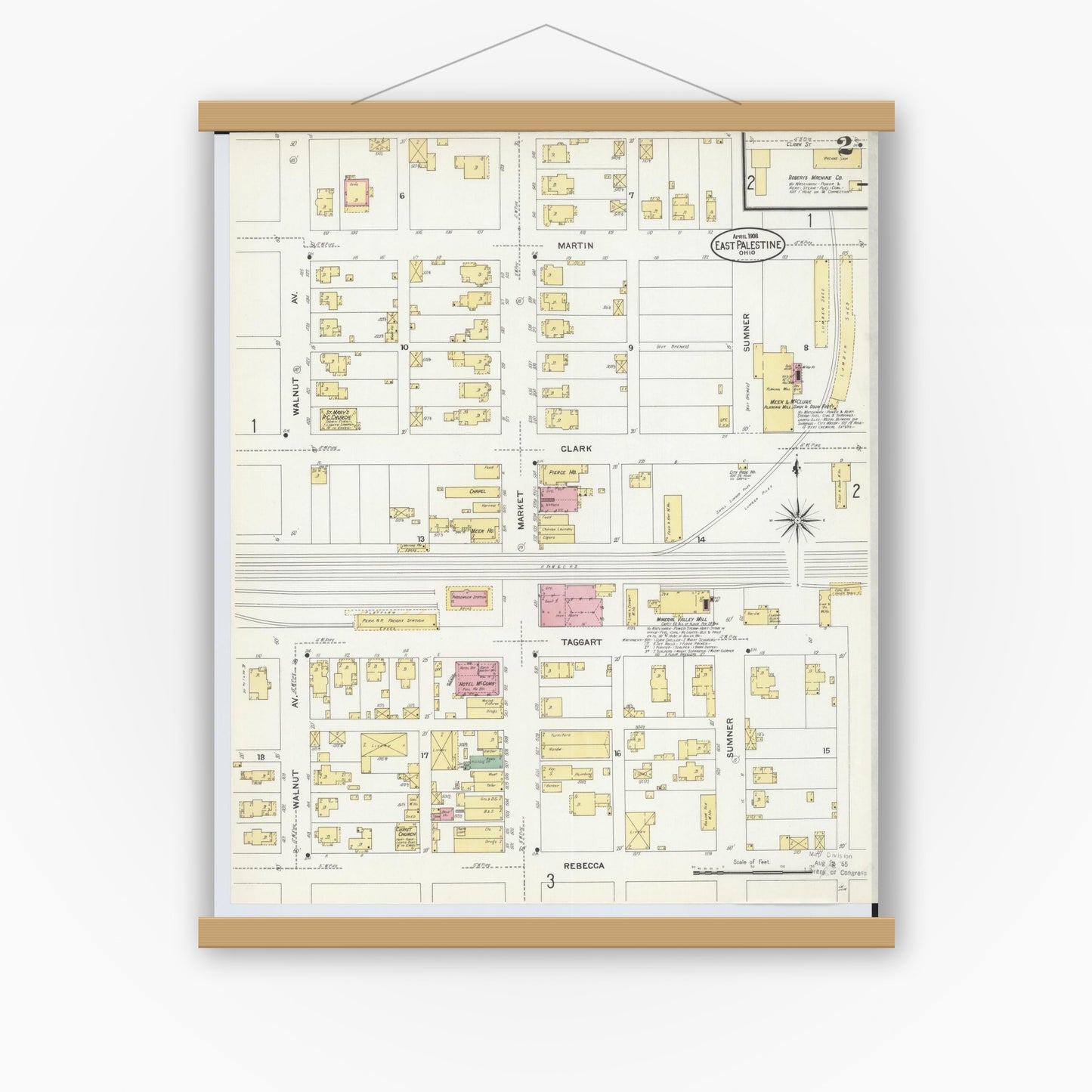 Old map wall art mockup — magnetic wood frame on white wall — Sanborn Fire Insurance Map from East Palestine, Columbiana County, Ohio (1908), Sheet #0002