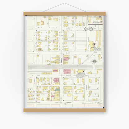 Old map wall art mockup — magnetic wood frame on white wall — Sanborn Fire Insurance Map from East Palestine, Columbiana County, Ohio (1908), Sheet #0002