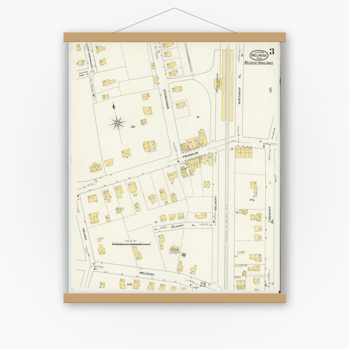 Old map wall art mockup — magnetic wood frame on white wall — Sanborn Fire Insurance Map from Melrose, Middlesex County, Massachusetts (1909), Sheet #0003