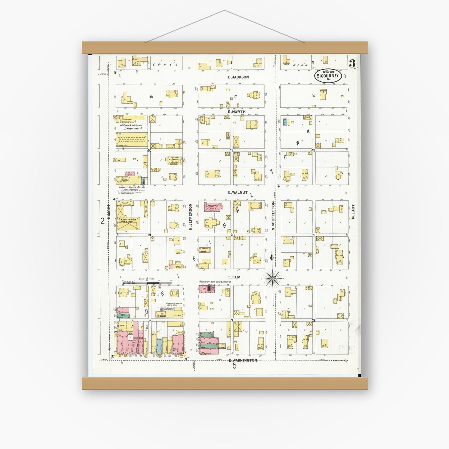Old map wall art mockup — magnetic wood frame on white wall — Sanborn Fire Insurance Map from Sigourney, Kiokuk County, Iowa (1899), Sheet #0003