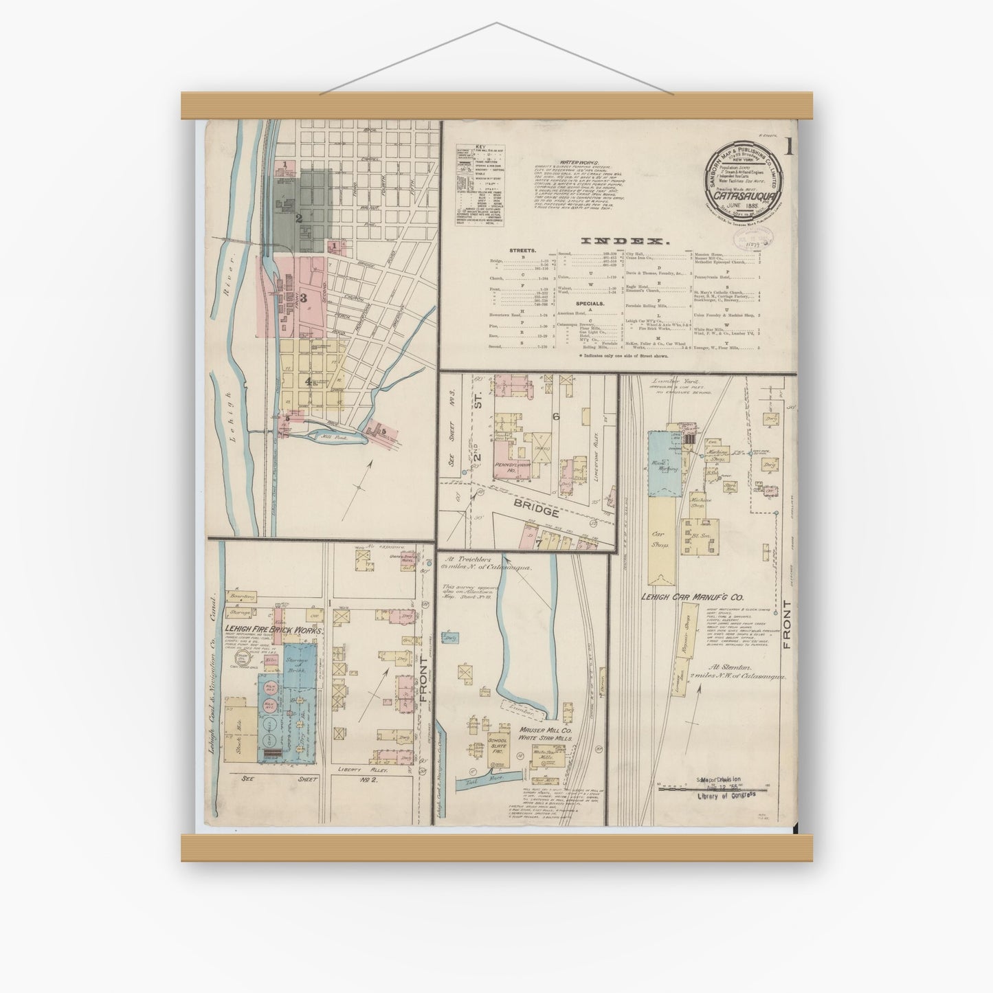 Old map wall art mockup — magnetic wood frame on white wall — Sanborn Fire Insurance Map from Catasauqua, Lehigh County, Pennsylvania (1885), Sheet #0001