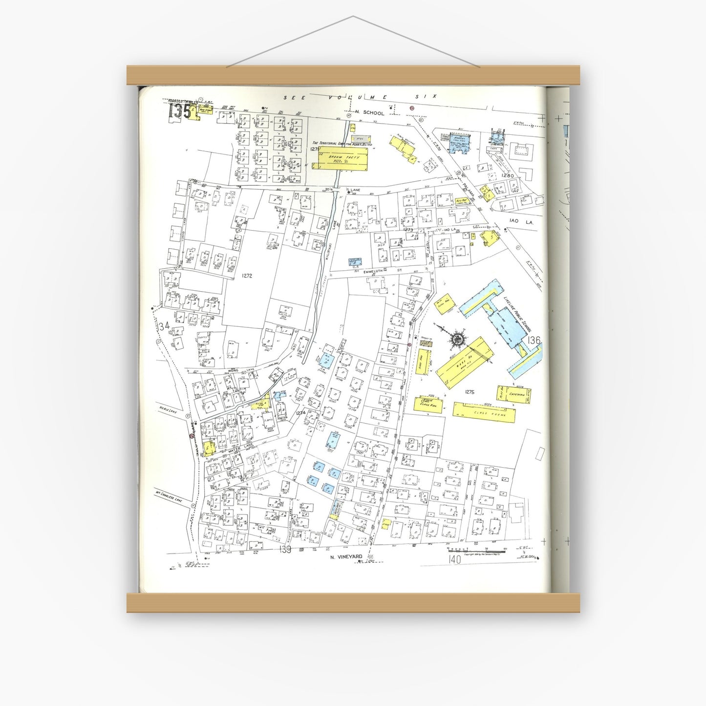 Old map wall art mockup — magnetic wood frame on white wall — Sanborn Fire Insurance Map from Honolulu, Oahu County, Hawaii (1955), Sheet #0135