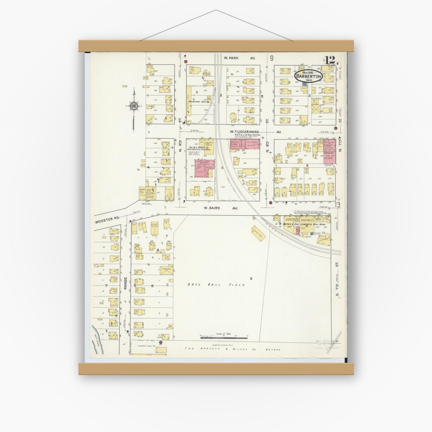Old map wall art mockup — magnetic wood frame on white wall — Sanborn Fire Insurance Map from Barberton, Summit County, Ohio (1916), Sheet #0012