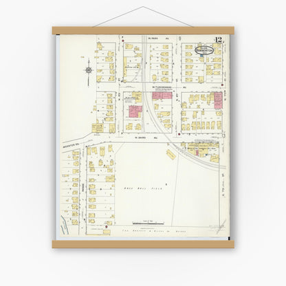 Old map wall art mockup — magnetic wood frame on white wall — Sanborn Fire Insurance Map from Barberton, Summit County, Ohio (1916), Sheet #0012