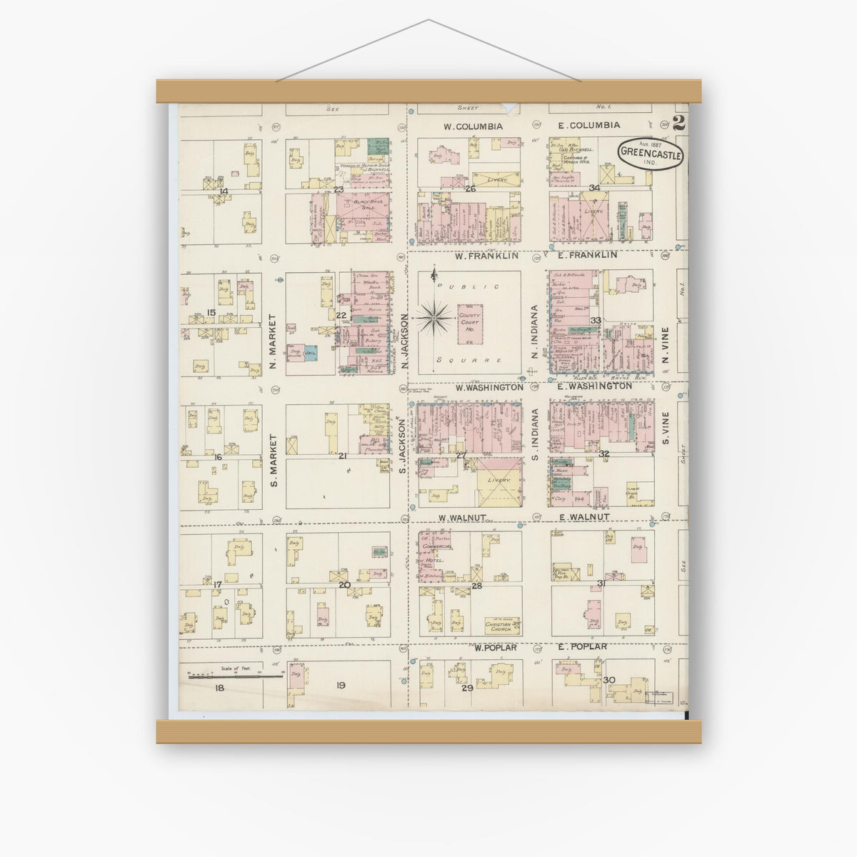 Old map wall art mockup — magnetic wood frame on white wall — Sanborn Fire Insurance Map from Greencastle, Putnam County, Indiana (1887), Sheet #0002