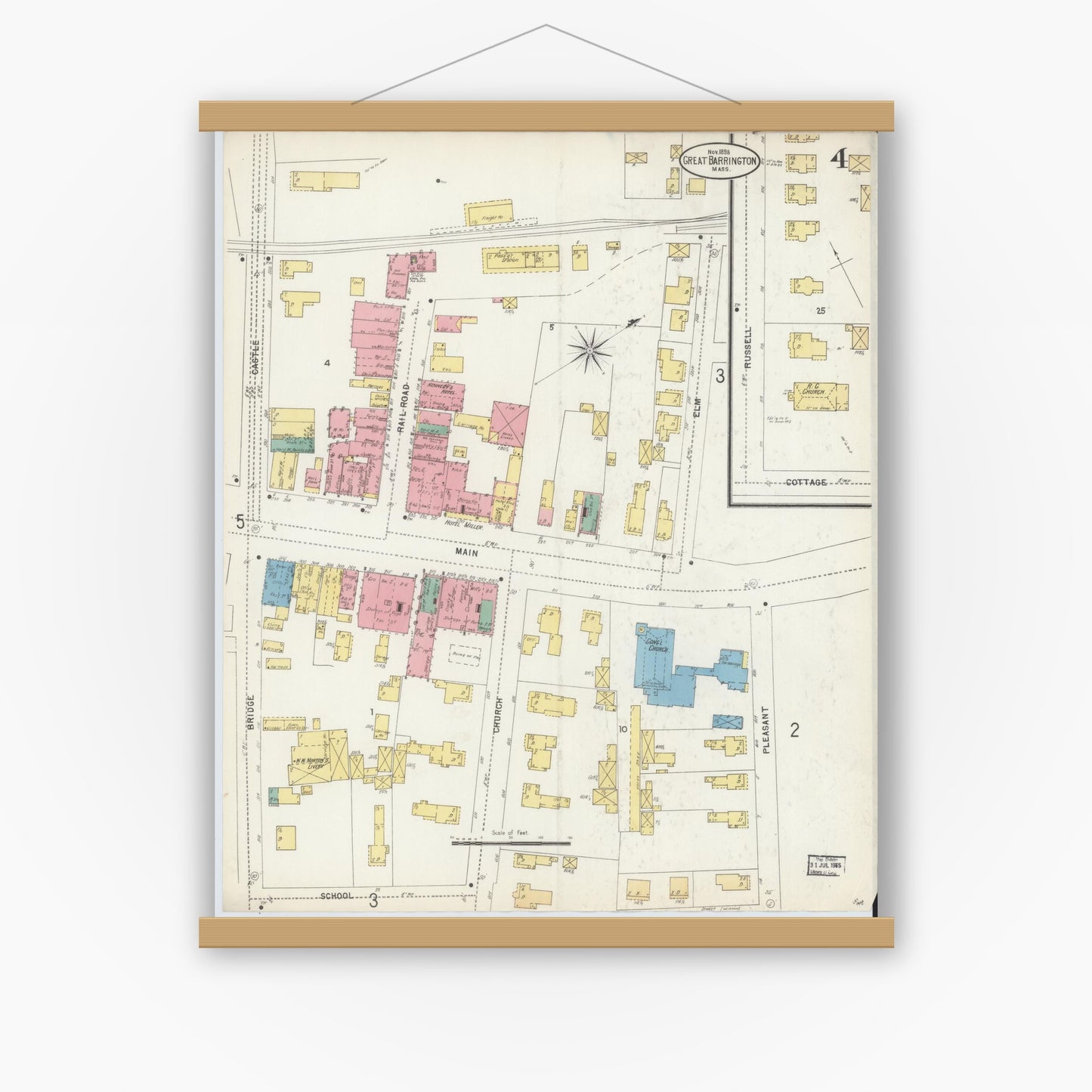 Old map wall art mockup — magnetic wood frame on white wall — Sanborn Fire Insurance Map from Great Barrington, Berkshire County, Massachusetts (1898), Sheet #0004