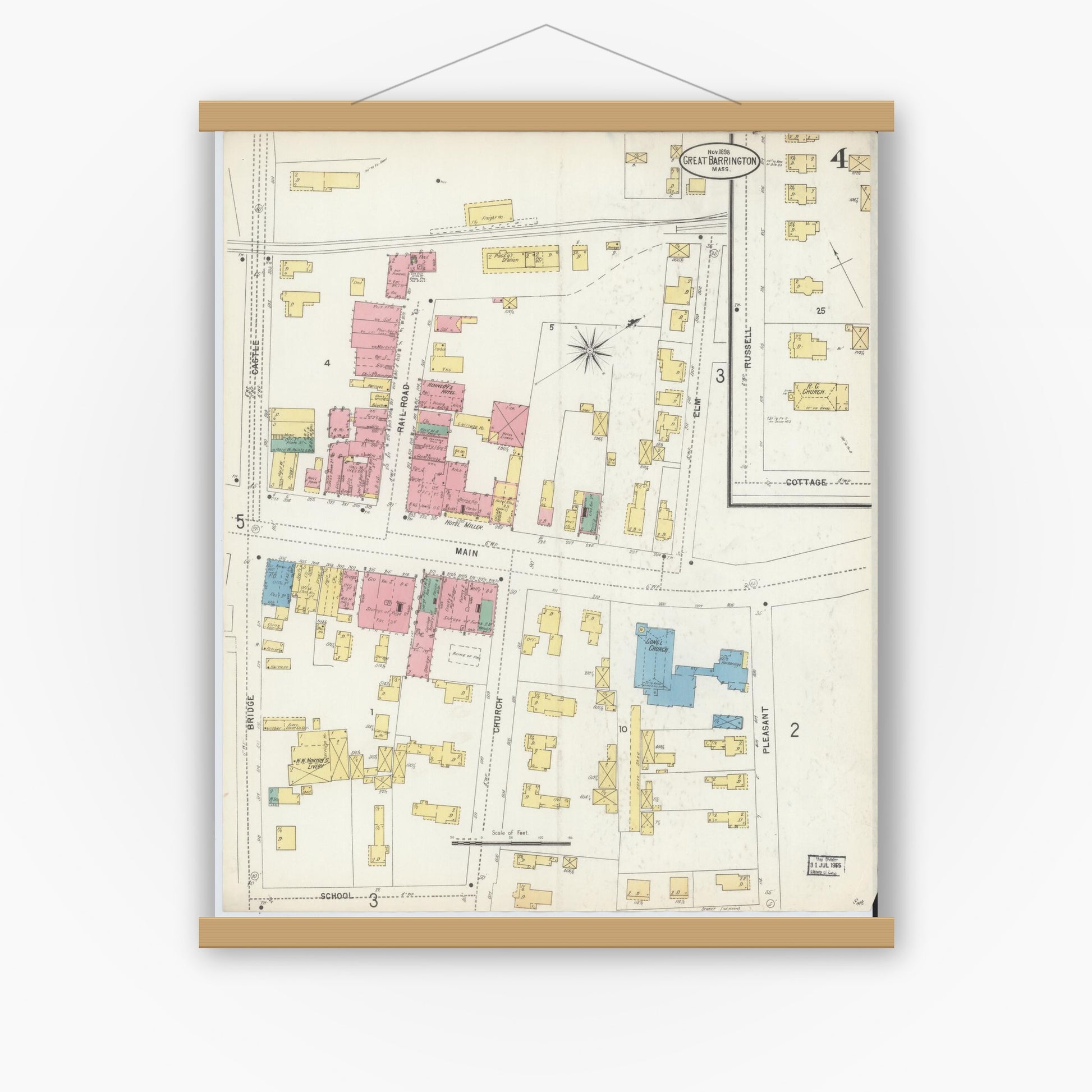 Old map wall art mockup — magnetic wood frame on white wall — Sanborn Fire Insurance Map from Great Barrington, Berkshire County, Massachusetts (1898), Sheet #0004