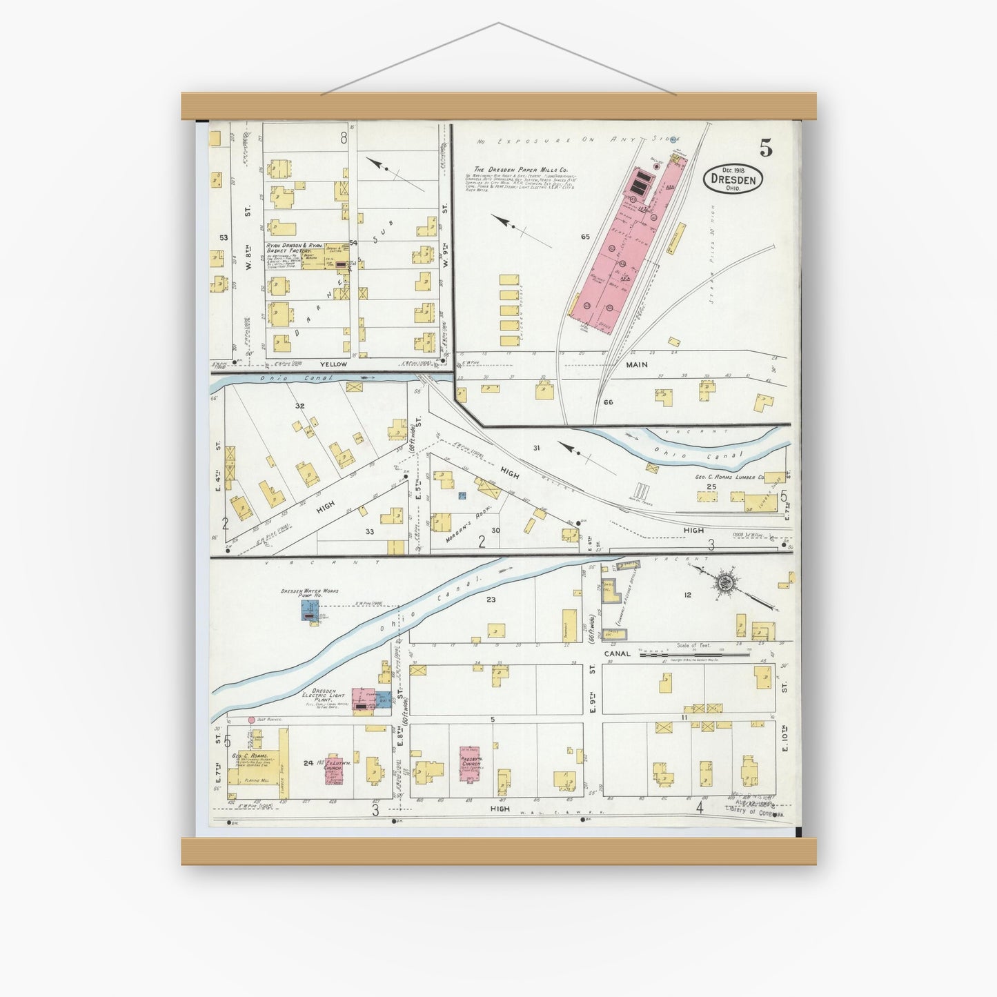 Old map wall art mockup — magnetic wood frame on white wall — Sanborn Fire Insurance Map from Dresden, Muskingum County, Ohio (1918), Sheet #0005