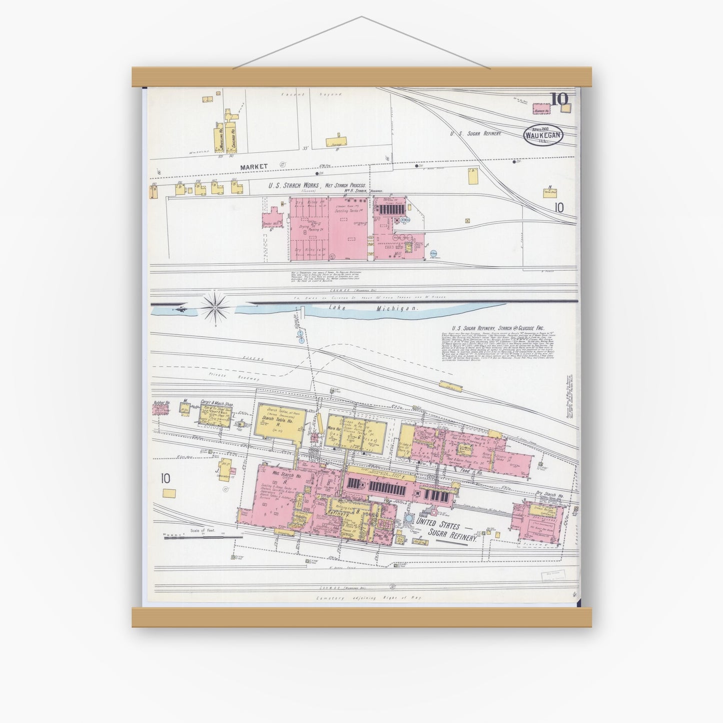 Old map wall art mockup — magnetic wood frame on white wall — Sanborn Fire Insurance Map from Waukegan, Lake County, Illinois (1900), Sheet #0010