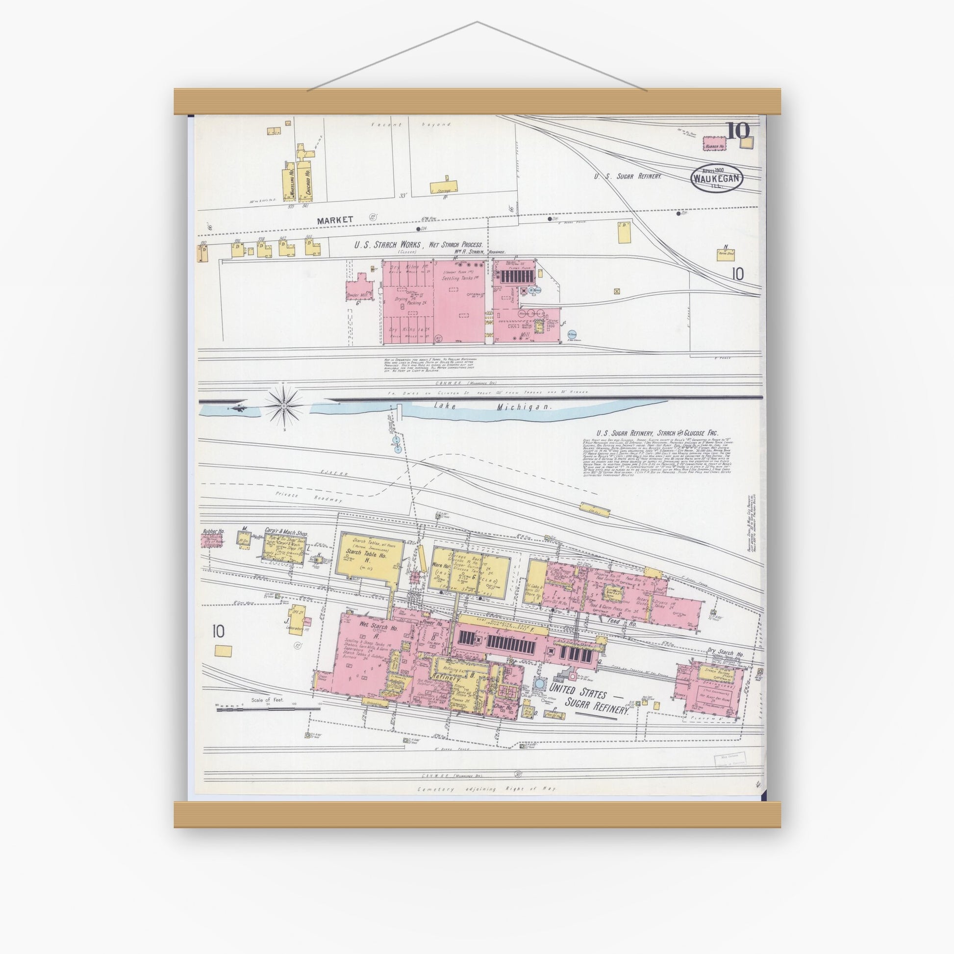 Old map wall art mockup — magnetic wood frame on white wall — Sanborn Fire Insurance Map from Waukegan, Lake County, Illinois (1900), Sheet #0010