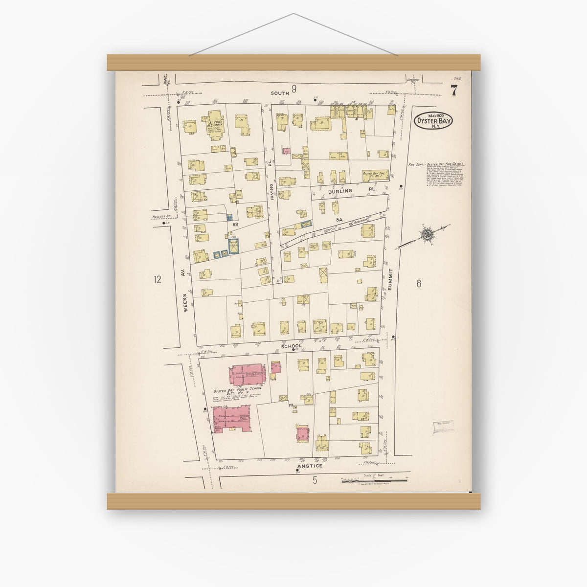Old map wall art mockup — magnetic wood frame on white wall — Sanborn Fire Insurance Map from Oyster Bay, Nassau County, New York (1922), Sheet #0007