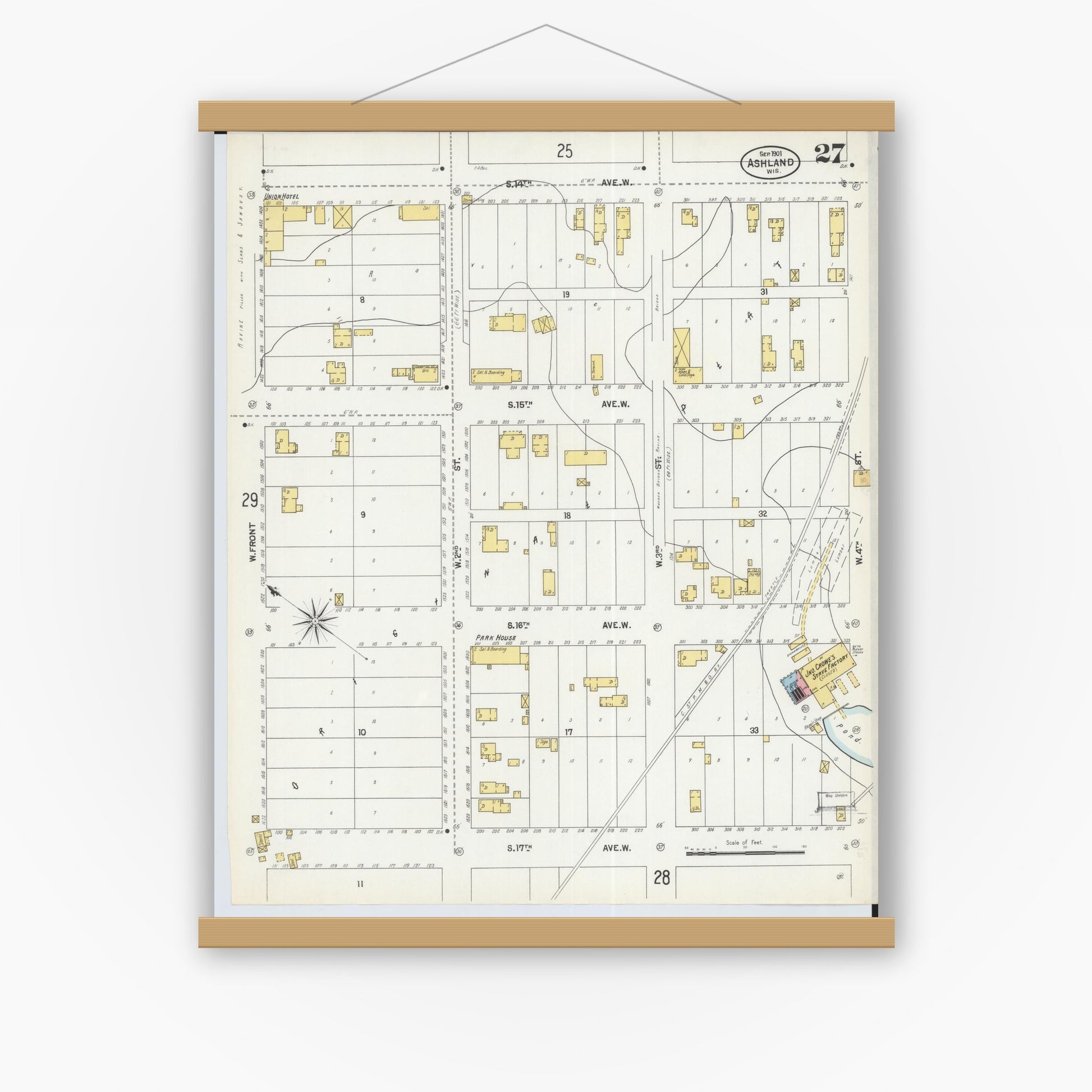 Old map wall art mockup — magnetic wood frame on white wall — Sanborn Fire Insurance Map from Ashland, Ashland County, Wisconsin (1901), Sheet #0027