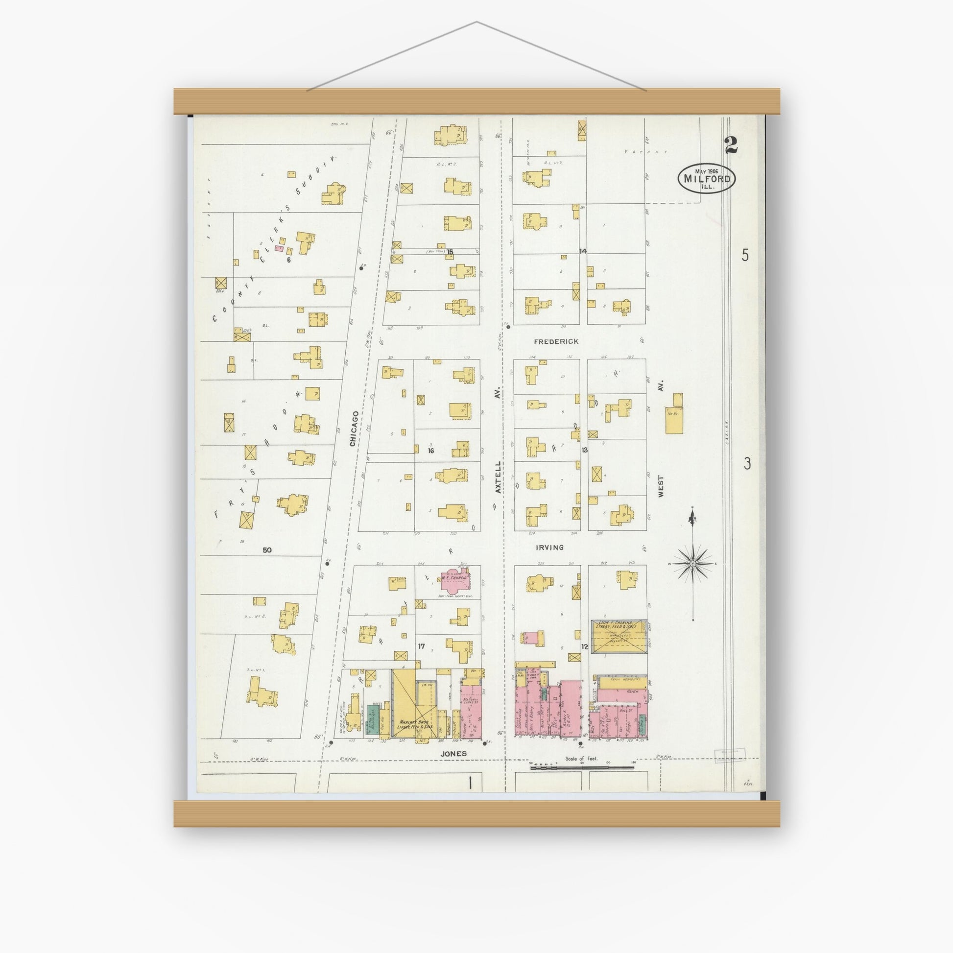 Old map wall art mockup — magnetic wood frame on white wall — Sanborn Fire Insurance Map from Milford, Iroquois County, Illinois (1906), Sheet #0002