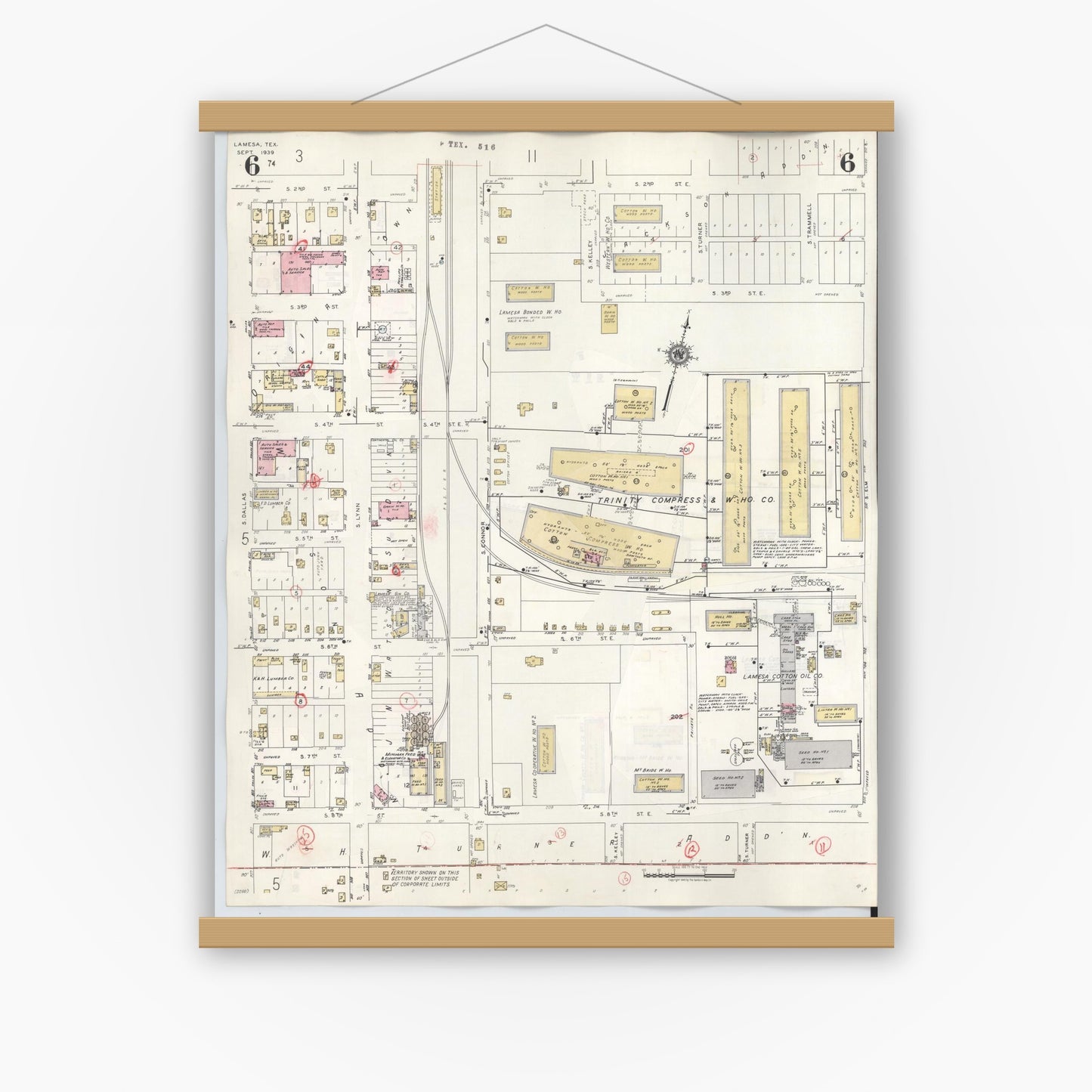 Old map wall art mockup — magnetic wood frame on white wall — Sanborn Fire Insurance Map from Lamesa, Dawson County, Texas (1948), Sheet #0006