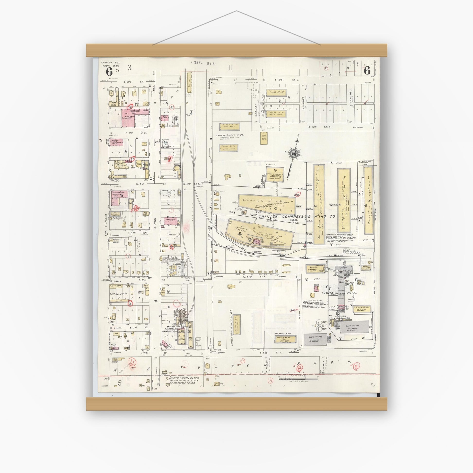 Old map wall art mockup — magnetic wood frame on white wall — Sanborn Fire Insurance Map from Lamesa, Dawson County, Texas (1948), Sheet #0006