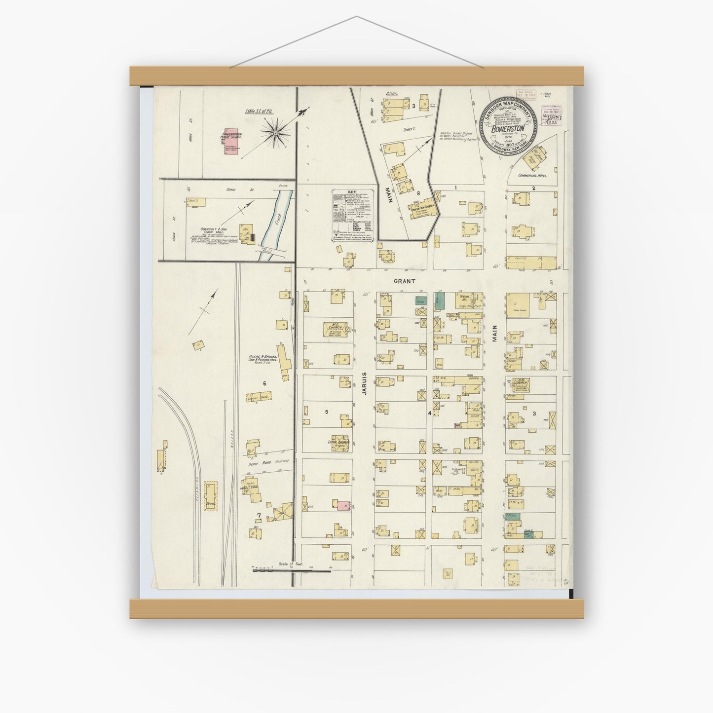 Old map wall art mockup — magnetic wood frame on white wall — Sanborn Fire Insurance Map from Bowerston, Harrison County, Ohio (1907), Sheet #0001