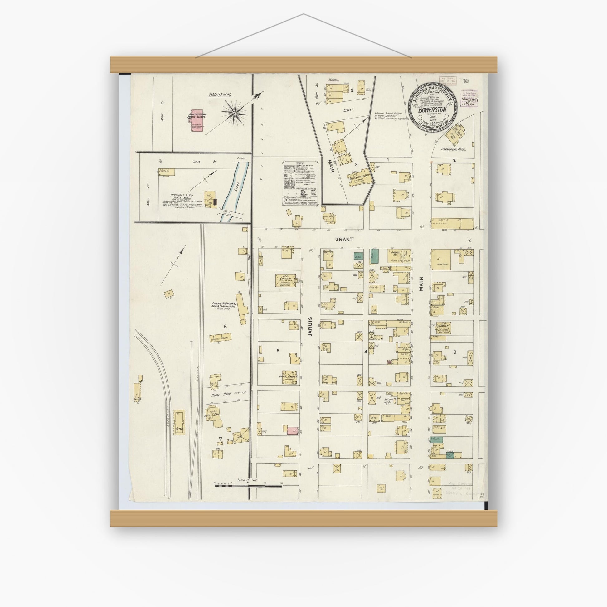 Old map wall art mockup — magnetic wood frame on white wall — Sanborn Fire Insurance Map from Bowerston, Harrison County, Ohio (1907), Sheet #0001
