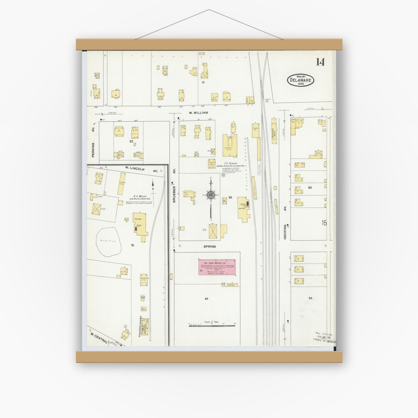 Old map wall art mockup — magnetic wood frame on white wall — Sanborn Fire Insurance Map from Delaware, Delaware County, Ohio (1911), Sheet #0014