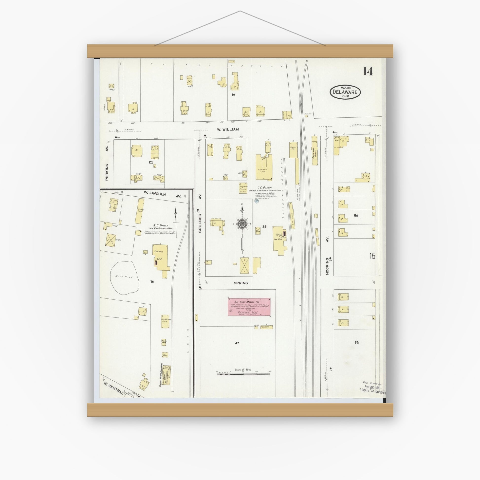 Old map wall art mockup — magnetic wood frame on white wall — Sanborn Fire Insurance Map from Delaware, Delaware County, Ohio (1911), Sheet #0014