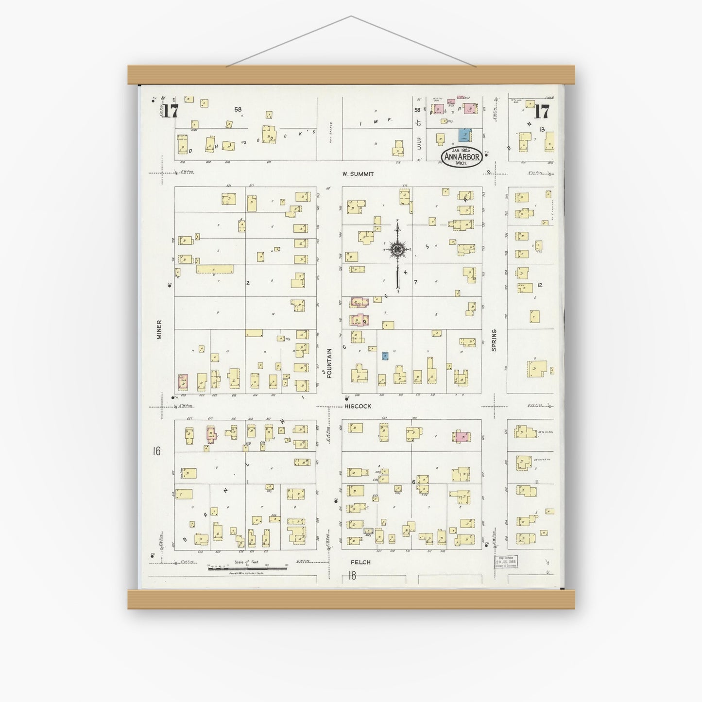 Old map wall art mockup — magnetic wood frame on white wall — Sanborn Fire Insurance Map from Ann Arbor, Washtenaw County, Michigan (1925), Sheet #0017