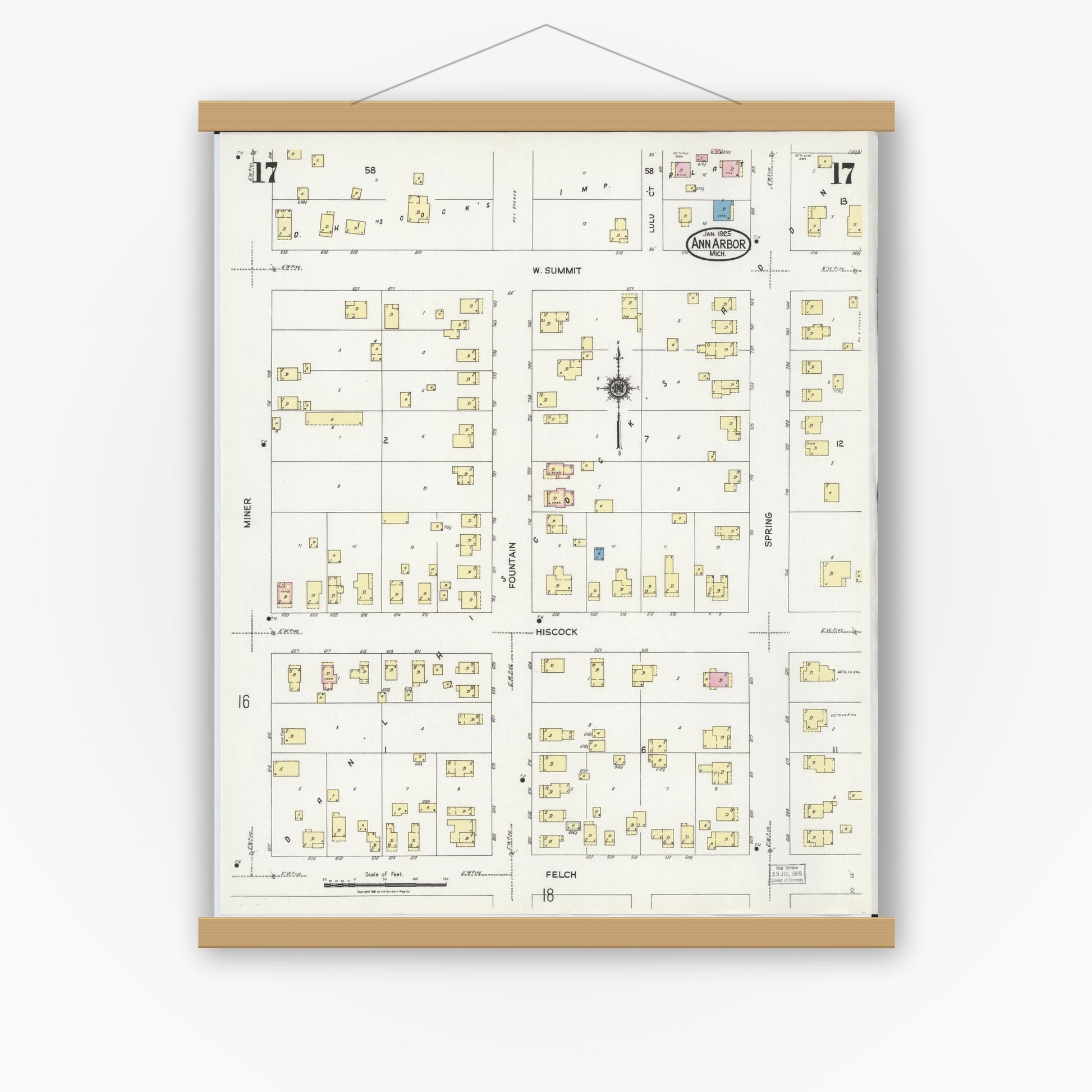 Old map wall art mockup — magnetic wood frame on white wall — Sanborn Fire Insurance Map from Ann Arbor, Washtenaw County, Michigan (1925), Sheet #0017