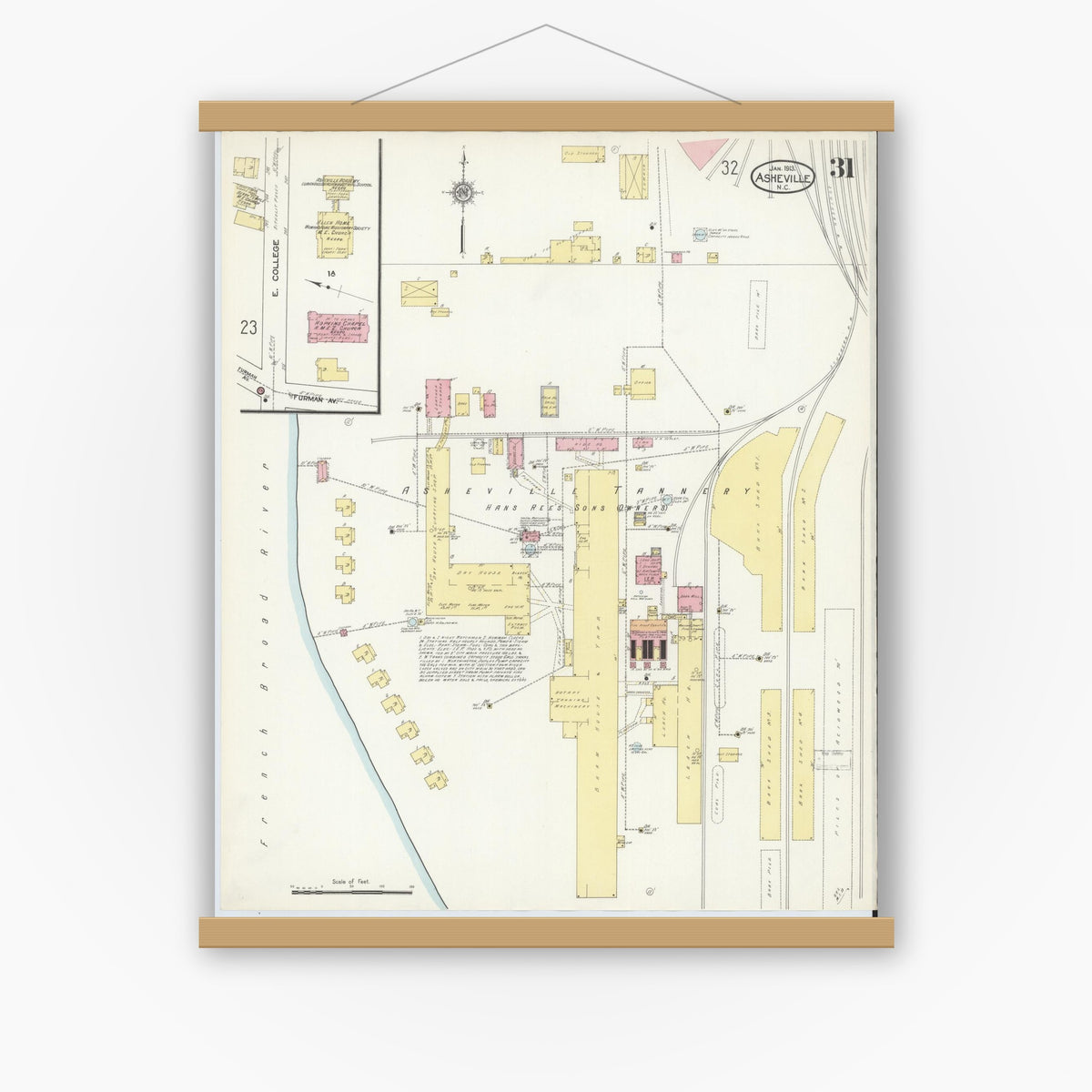 Old map wall art mockup — magnetic wood frame on white wall — Sanborn Fire Insurance Map from Asheville, Buncombe County, North Carolina (1913), Sheet #0031
