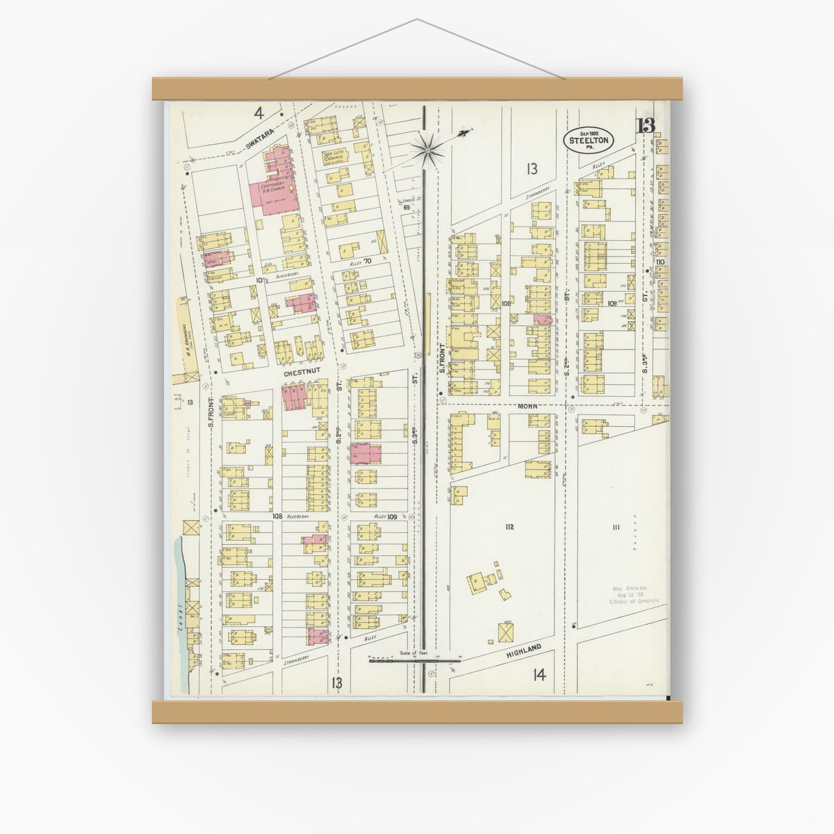 Old map wall art mockup — magnetic wood frame on white wall — Sanborn Fire Insurance Map from Steelton, Dauphin County, Pennsylvania (1902), Sheet #0013