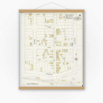 Old map wall art mockup — magnetic wood frame on white wall — Sanborn Fire Insurance Map from Bessemer, Gogebic County, Michigan (1898), Sheet #0008