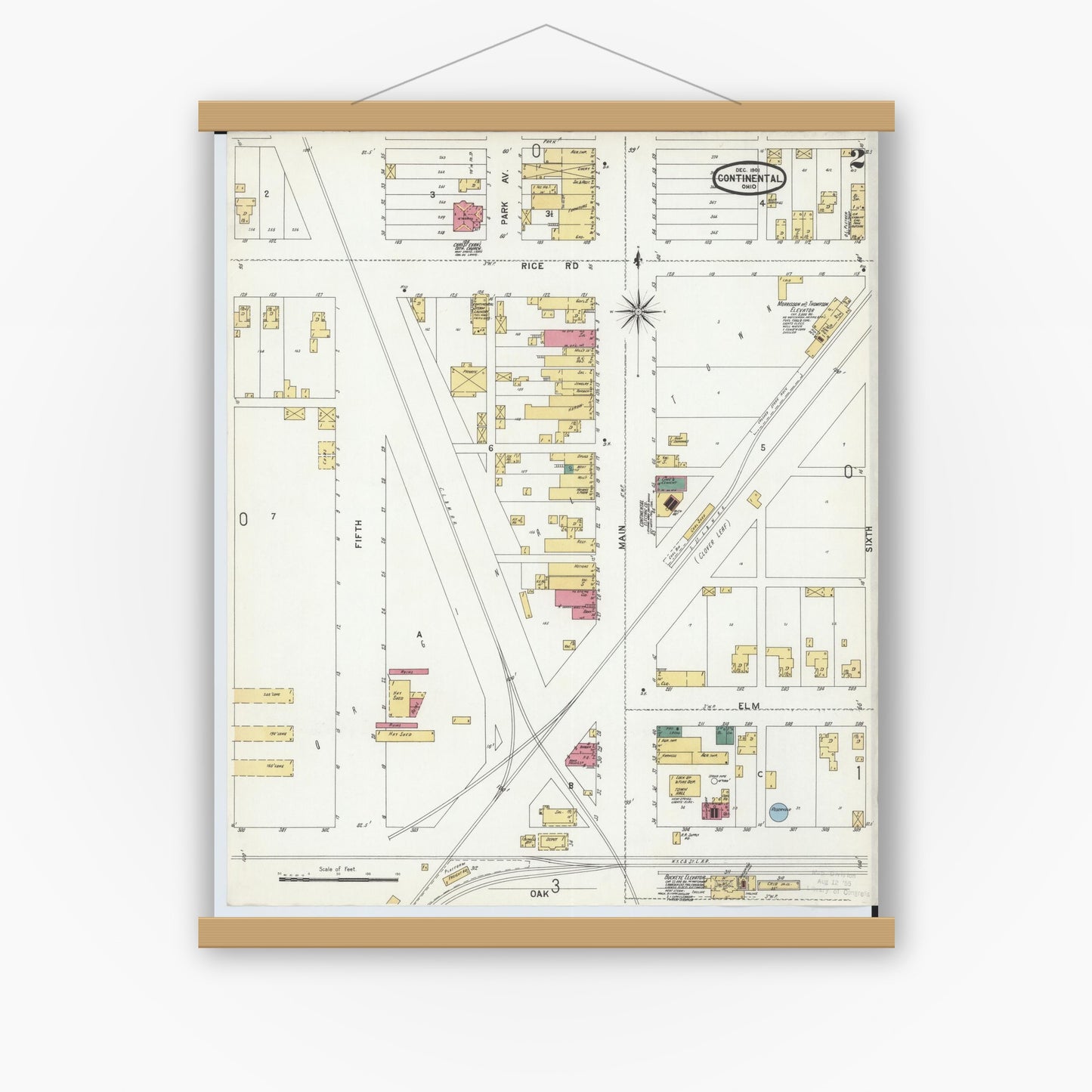 Old map wall art mockup — magnetic wood frame on white wall — Sanborn Fire Insurance Map from Continental, Putnam County, Ohio (1901), Sheet #0002