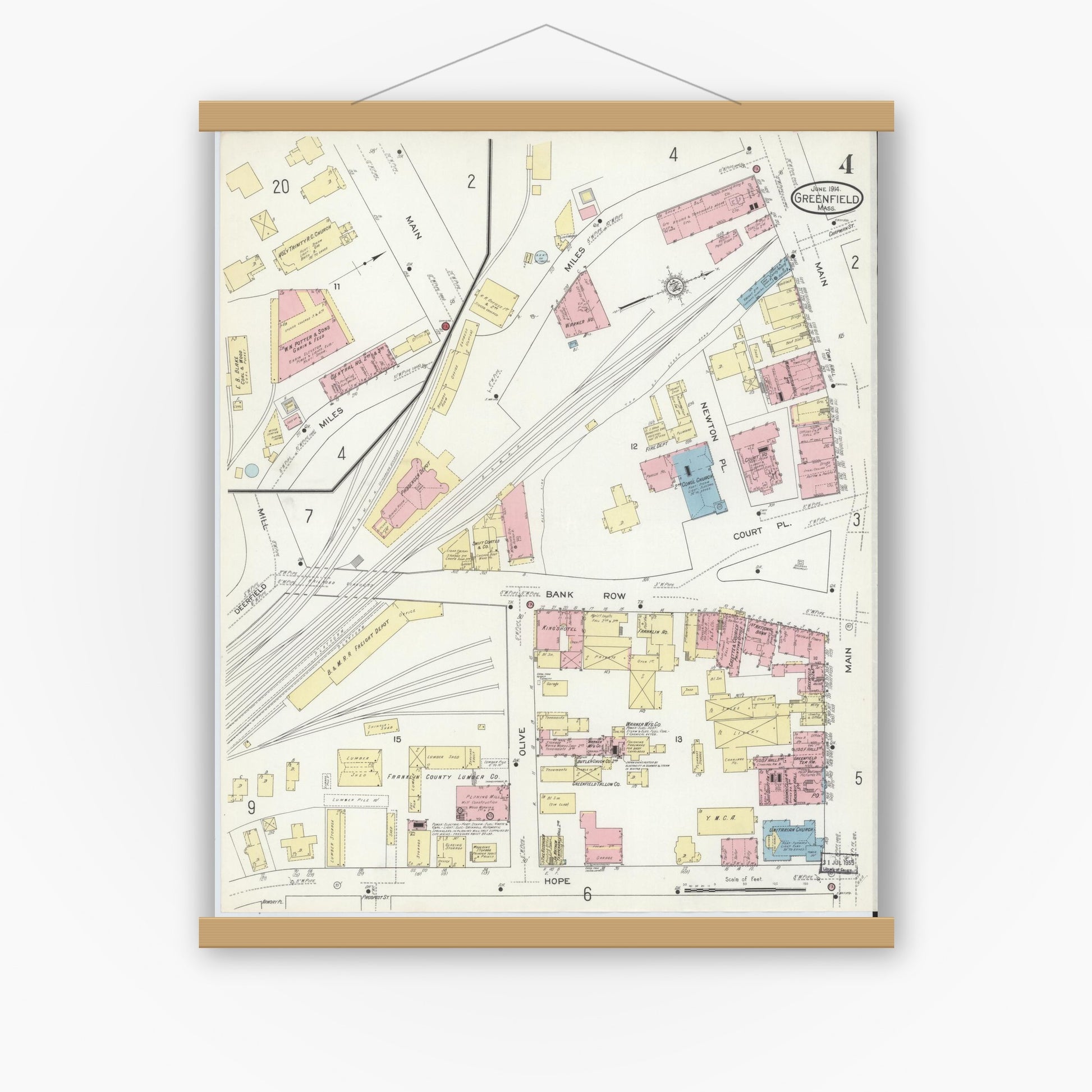 Old map wall art mockup — magnetic wood frame on white wall — Sanborn Fire Insurance Map from Greenfield, Franklin County, Massachusetts (1914), Sheet #0004